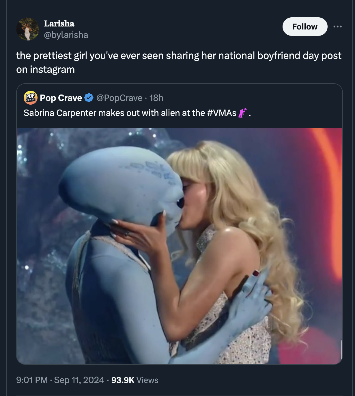 screenshot - Larisha the prettiest girl you've ever seen sharing her national boyfriend day post on instagram Pop Crave PopCrave 18h Sabrina Carpenter makes out with alien at the . Views